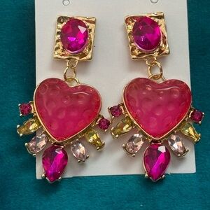 Pink Heart Drop Earrings with Multicolor Stones